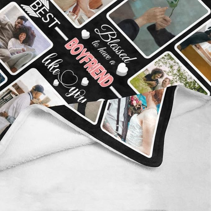 Custom Blanket Gifts for Boyfriend, Customized Blankets with Photos, Make a Personalized Bed Throws, Custom Souvenir Throw Blanket for Best Boyfriend Ever, 8 Collages Made in USA