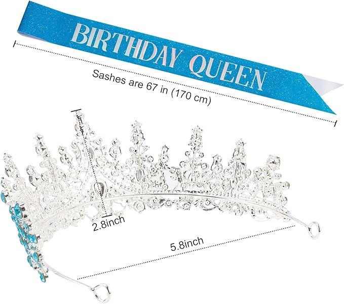 COCIDE Blue Birthday Sash and Crown for Women - Crystal Tiaras Decorations for Girl,Glitter Rhinestone Gifts Headband Sashes Decor,Coronas for Queen,Happy Birthday Accessories Party Favors