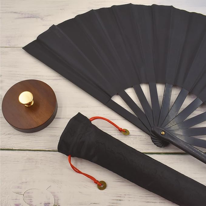 2pcs Large Black Folding Fans Handheld Nylon Cloth Classical Fans with Holder Sleeve Chinese Kung Fu Fan for Festival Performance Dance Decorations Gifts