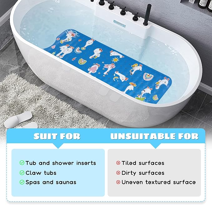 Baby Bath Mat for Tub Non Slip Kids Bathtub Mat Extra Long 40X16 Inch Toddler Bath Tub Shower Mat Anti Slip with Suction Cups & Drain Holes, Machine Washable (Go Ducks)