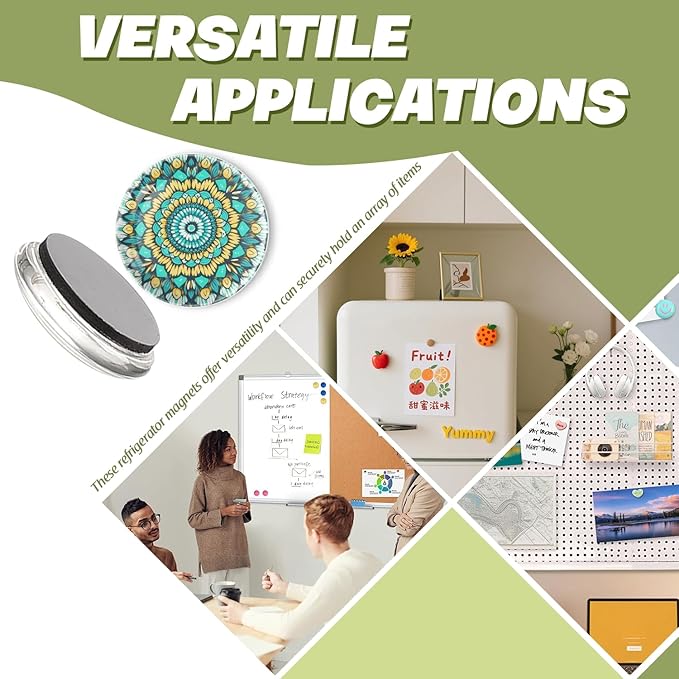 Fridge Magnets 6 Pcs Intricate Mandala Designs in Turquoise with Yellow and Black Colors Round Strong Magnetic Glass Small Refrigerator Magnet,Home Decoration for Whiteboards,Classrooms,Cabinet