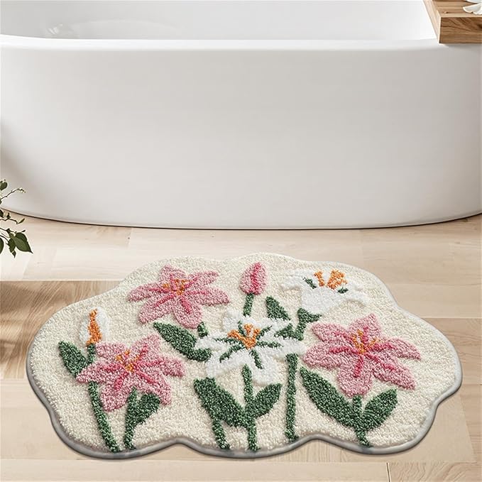 Ankah Shower Rug Bath Mat Forest Series Cartoon Design Bathroom Rug, Fluffy, Soft, Non-Slip, Durable, Absorbent Bath Rug, Irregular Plant Shaped Door Mat and Carpet, 19.7" x 31.5", Lily