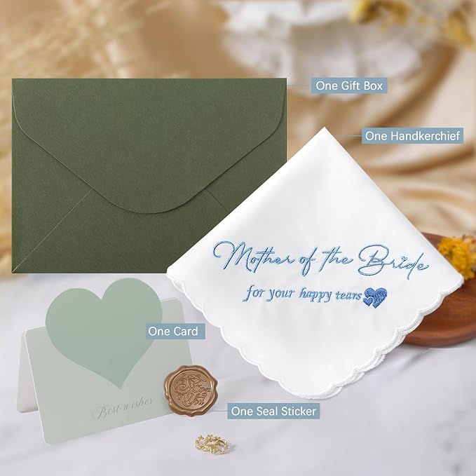 Wedding Handkerchief Something Blue for Bride, Mother Father of the Brides Groom Gifts, Embroidered Happy Tears Cotton Hanky