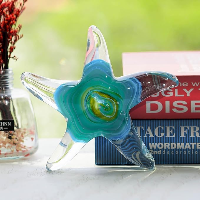 QFkris 5" Glass Star Fish, Crystal Handmade Glass Blown Table Decor, Starfish Figurine, Collectible Ornament,Clear and Green for Women