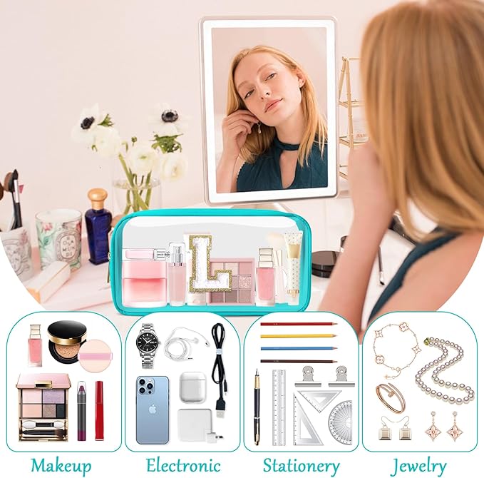 Personalized Initial Letter Clear Makeup Bag,Preppy Small Nylon&PVC Cosmetic Zipper Bag with Chenille Letter,Portable Beach Travel Skincare Toiletry Bag,Trendy Monogram Gift for Teen Girls Women,L