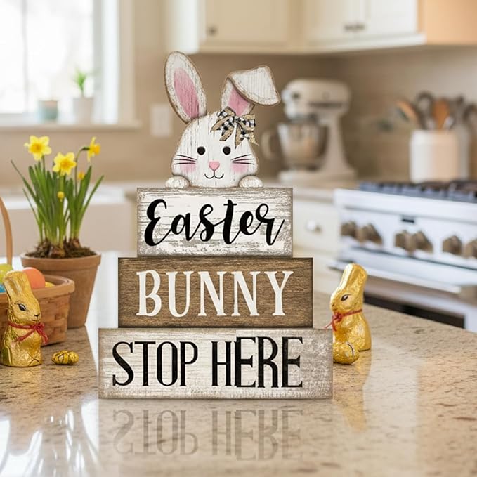 4 Pcs Easter Table Decoration Wooden Rabbit Easter Tiered Tray Decor Cute Bunny Centerpiece Rustic Wooden Bunny Block Sign Farmhouse Holy Week Party Decoration for Home Kitchen Shelf