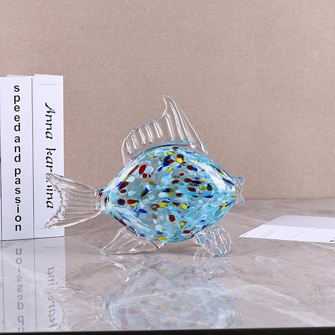 Large Glass Fish Figurine for Home Decor, Hand Blown Art Glass Ocean Animal Statue, Decorative Coastal and Beach Themed Sculpture for Table, Shelf, Bathroom, Living Room or Office