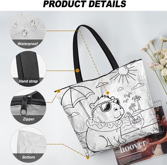 Cartoon Animal Printed DIY Coloring Tote Bag Waterproof Paper Handbags for Women Large Travel Shoulder Bags Purses