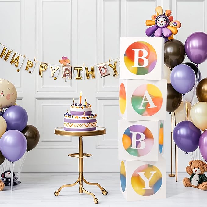 Baby Boxes with Letters for Baby Shower,Transparent Balloon Boxe 4 PCS Clear Baby Shower Decorations Block Boxes for Gender Reveal,Birthday Party Decorations