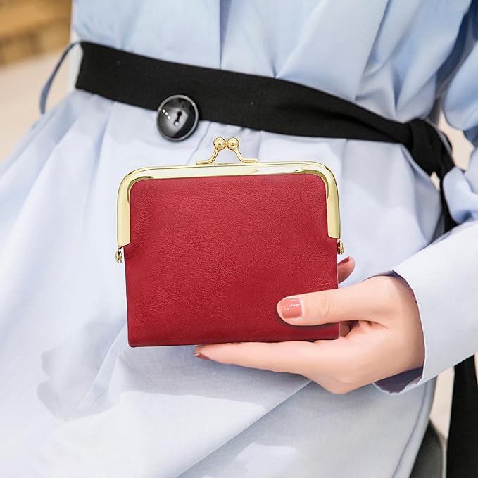Wallet Women Small RFID Blocking Bifold Leather Wallets for Women Vintage Coin Purse With Zipper and Kiss Lock