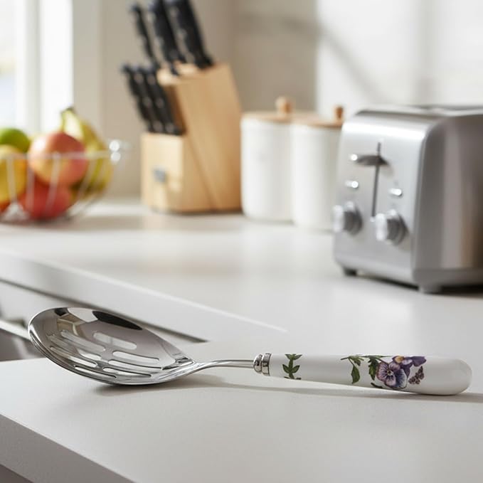 Portmeirion Botanic Garden 10" Slotted Spoon, Pansy Motif - Porcelain Handle & Stainless Steel, Chip-Resistant Glaze - Ideal for Home Gatherings & Intimate Dining, Must-Have Kitchen Tools