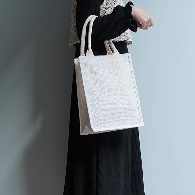 Segarty Tote Bags, 6 Pack Small White Burlap Jute Reusable Canvas Gift Favors Bag with Handles Blank Tote Bulk for Bridesmaid Wedding, Women Market Grocery Shopping, Bachelorette Party, Beach Trip
