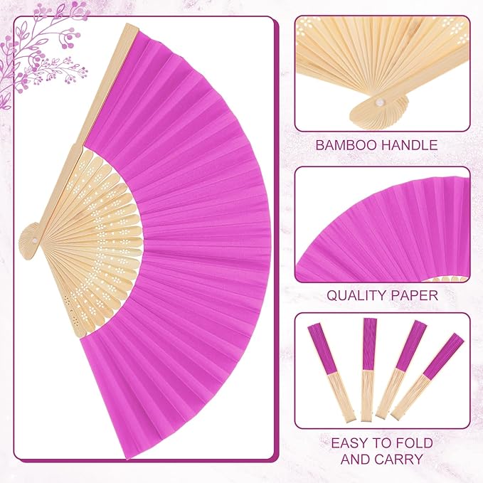 Yinkin 24 Pack Folding Fans Bamboo Handheld Folded Craft Hand Japanese Chinese Fans for Weddings Bridal Dancing Church DIY Decoration Women Gift Party Favors (Rose Red)