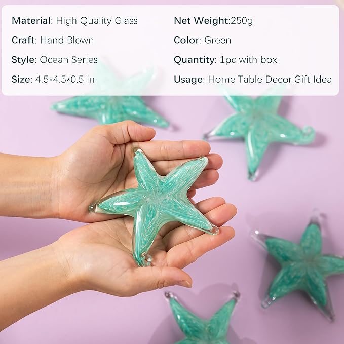 Hand Blown Glass Starfish Statue, 4.5" Modern Sea Star Art Figurine, Hanging Crystal Starfishs Collectible Ornament for Christmas Home Decor, Glass Paperweight for Table, Desk, Entryways & Living Room