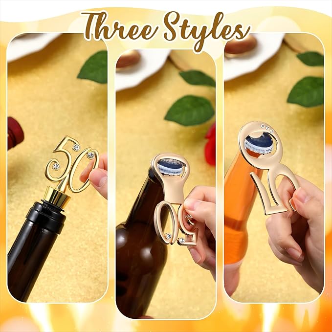Hushee 30 Pcs 50th Birthday Party Favors for Guests Birthday Bottle Opener Golden Wine Stoppers with Rhinestones for Adults Women Wedding Party Anniversary Souvenirs Keepsakes