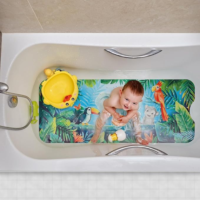 Reetual Cartoon Baby Bath Mat – Non Slip Kids Bathtub Mat for Toddlers, 40" x 16", Suction Cups & Drain Holes, Machine Washable (Jungle)
