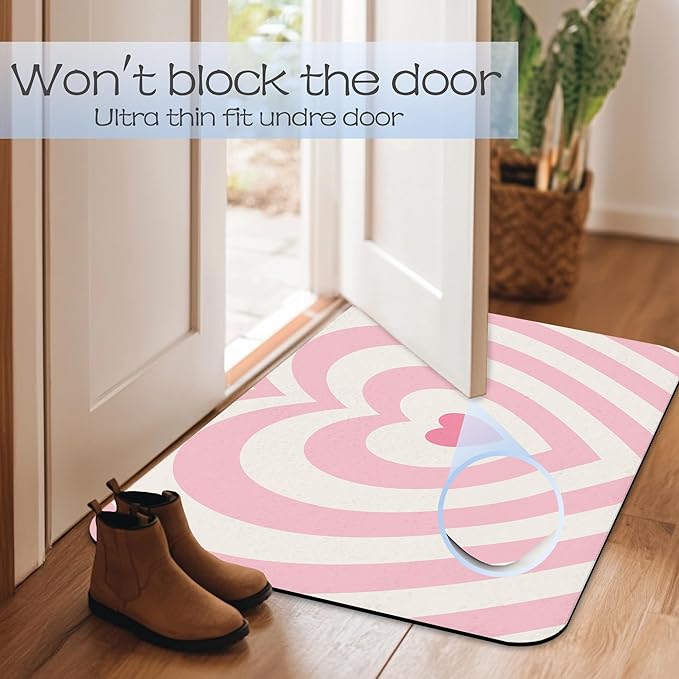 Pink Love Heart Bathroom Rug 29.5"x17", Super Absorbent Fast Drying Bath Mat with Non-Slip Rubber Backing, Thin Low-Profile Easy-Clean Bathroom Floor Mat for Shower or Tub
