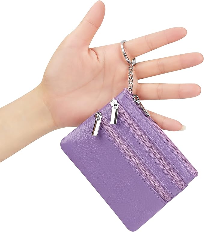 Women's Genuine Leather Coin Purse Mini Pouch Change Wallet with Keychain