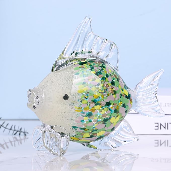 Green Blown Glass Fish Figurine – Handcrafted Art Animal Sculpture, Ocean Coastal Home Decor, Elegant Glass Fish Ornament for Tabletop or Bookshelf Display (D)