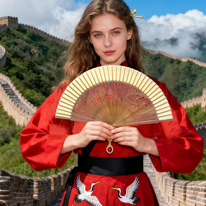 Hand Fan for Vintage Japanese Bamboo Silk Elegant for Dance Music Festival Wedding Church Decoration Party (The Great Wall, Medium)