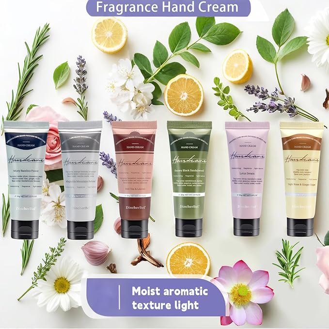 DincherBel 6 Pack Travel Size Hand Cream Set - 1 oz Moisturizing Lotion for Dry Cracked Hands, Misty Bamboo Forest Scented Hand Lotion Gift for Women, Nurses, Teachers, Bridesmaids Gifts