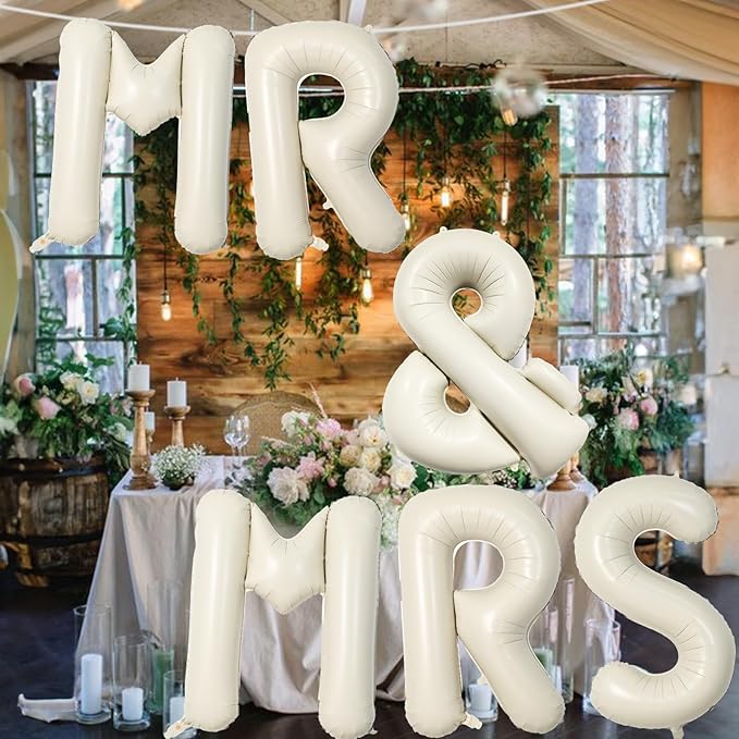 40 Inch Beige MR & MRS Balloons for Wedding Decor, Large Cream Mr and Mrs Foil Balloon Letter, Ivory White Sand Mr to Mrs Banner Sign for Bride Groom Engagement Couple Sweetheart Party Decorations