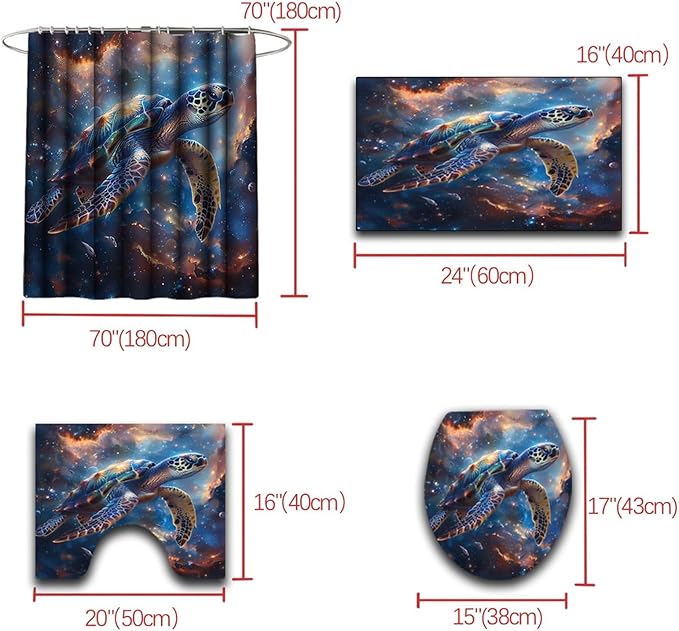 4 Pcs Sea Turtle Shower Curtain Set - Kids Bathroom Set Ocean Shower Curtains Turtle Shower Curtains for Bathroom Shower Curtain Set with Rug,Toilet Cover and Bath Mat with 12 Hooks