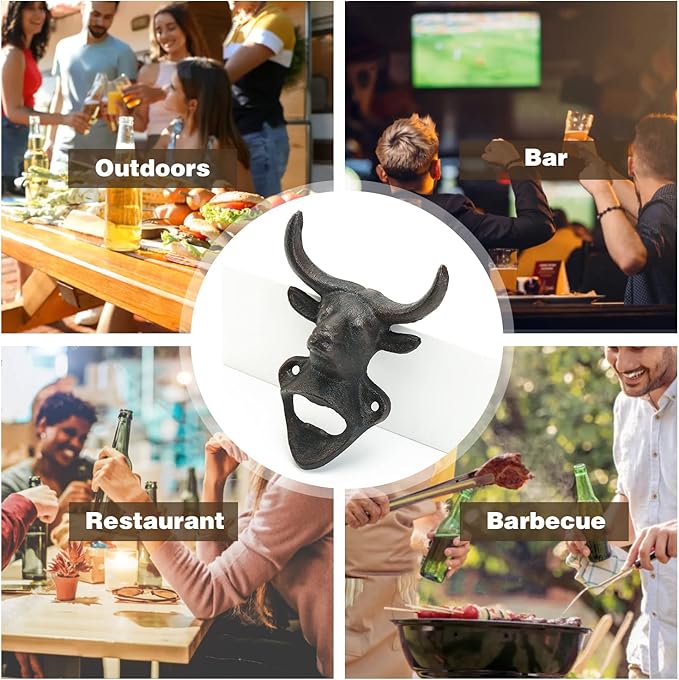 Sungmor Wall Mounted Bottle Opener, Cast Iron Cool Bull Head Bottle Opener, Beer Coke Beverage Bottle Cap Opener, Vintage Rustic Style Wall Hanging Opener, Bar Farmhouse Wall Ornament, Practical Gift