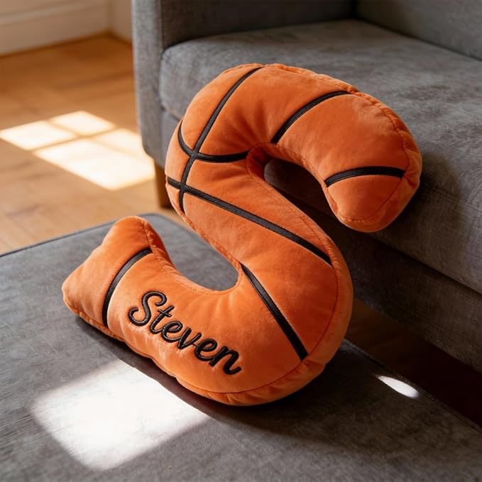 Mostop Personalized Initial Letter Pillow Custom Basketball Shaped Pillow with Name Birthday Gifts for Kids Boy Girls Dad Sports Lover