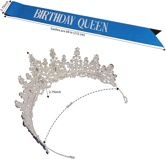 COCIDE Blue Birthday Queen Sash for Women Happy Birthday Crowns Princess Tiaras Sashes for Girl Crystal Party Decorations Rhinestone Headband Supplies Decor