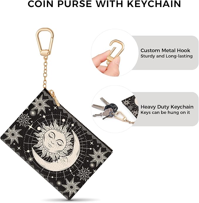 Sun Moon Keychain Coin Purse for Women, Small PU Leather Change Pouch, Zipper Little Tiny Travel Wallet for Girls, Cute Kawaii Zip Pocket Coin Holder with Key Ring