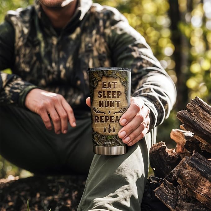 SANDJEST Hunting Tumbler 20oz, Stainless Steel Travel Cup with Lid, Eat Sleap Hunt Repeat Insulated Coffee Mug, Hunting Gifts for Men Friends Dad Grandfather on Birthday Christmas