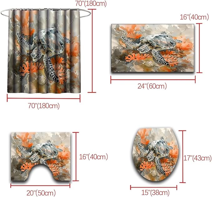 4 Pcs Kids Shower Curtain Set - Sea Turtle Shower Curtain for Bathroom Ocean Themed Shower Curtain Turtle Bathroom Accessories with Rug,and Bath Mat with 12 Hooks