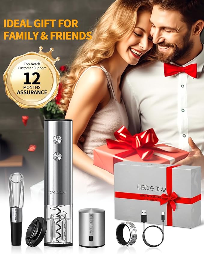 CIRCLE JOY Electric Wine Opener Rechargeable 5-in-1 Wine Gift Set with Foil Cutter, Wine Aerator Pourer, Wine Drip Ring & Vacuum Stopper, White Elephant Gifts for Adults