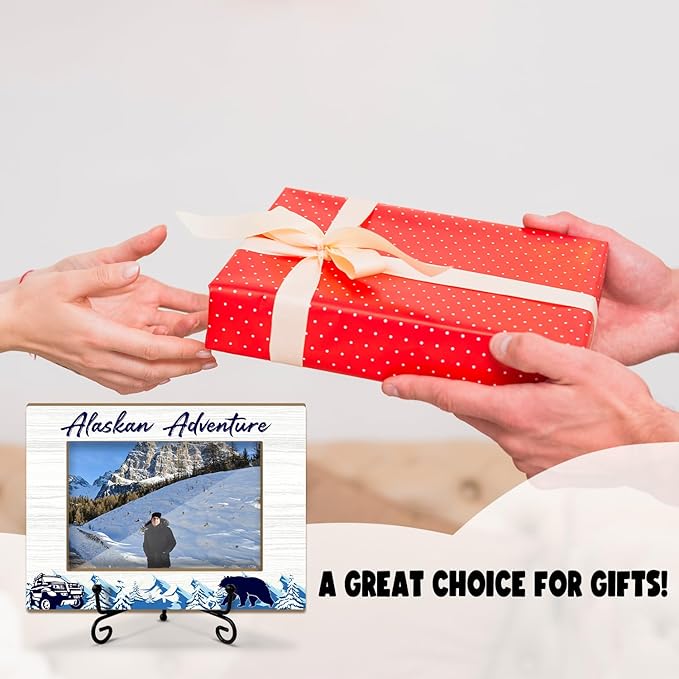 Lesixur Alaska Adventure Photo Frame with Iron Stand, Alaska Vacation Friendship Gifts for Friends Family Couples, 4x6 Wooden Picture Frame for Tabletop Desktop Display, Home Table Decor -048
