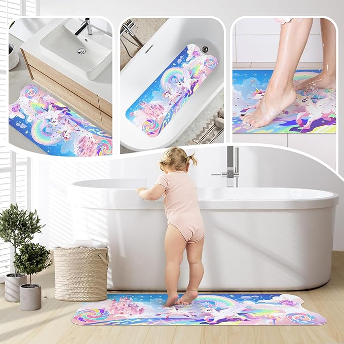 SHUCHING Baby Bath Mat for Tub Non Slip-40 X 16 Inch, Extra Long Kids Bathtub Mat Non Slip, Girl Shower Mat Anti Slip for Bathroom, Machine Washable,Rainbow Unicorn