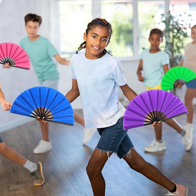 Blulu 4 Pcs 11 Inch Large Folding Hand Fans for Line Dancing Clapping Popping Rave Fans for Kids Women Men for Dancing Boots on The Ground Festival Party Decoration(Classic Style, Classic Color)
