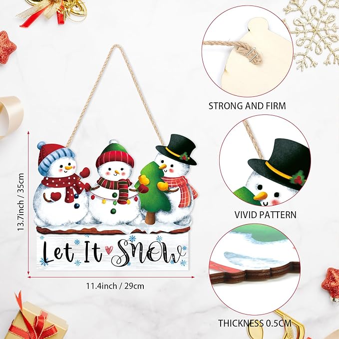 CHDITB Let It Snow Wooden Hanging Sign, Three Snowman Wood Sign, Winter Welcome Door Sign, Snowflake Snowman Vintage Wall Door Sign,Christmas Sign for Wall Door Hanger Winter Decor