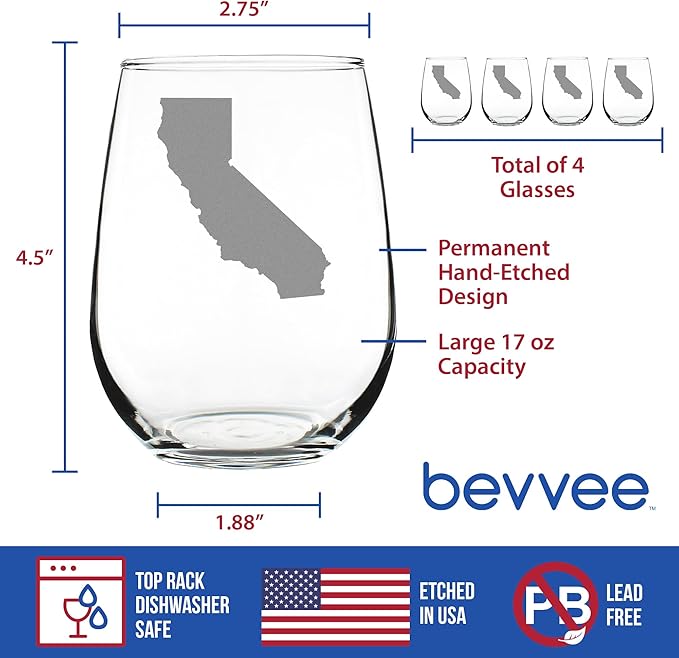Bevvee California State Outline - Stemless Wine Glass - State Themed Drinking Decor and Gifts for Californians - Set of 4 - Large 17 Ounce
