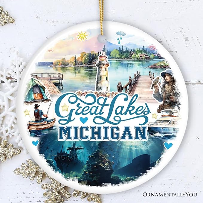 Artistic Great Lakes Michigan State Ornament, Ceramic Landscapes and Travel Souvenir and Gift (Version 1)