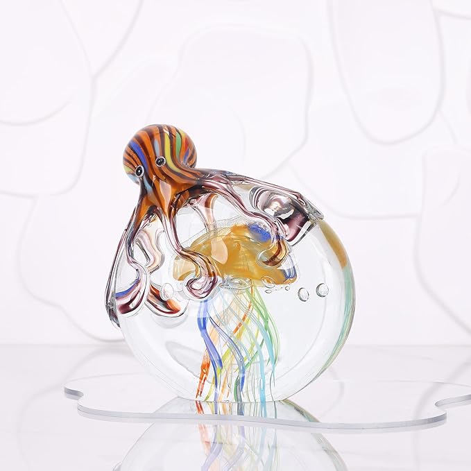 LCCCK Glass Octopus Jellyfish Statue Home Decor, Hand Blown Glass Decor Ocean Figurines Octopus Sculpture, Murano Art Office Desk Paperweights Fish Tank Aquarium Sea Animals Christmas Birthday Gift