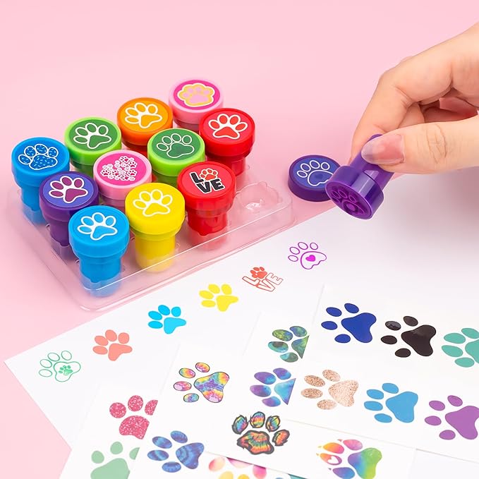 36PCS Paw Print Party Favors - 24PCS Temporary Tattoos & 12PCS Stamps - Ideal Dog Cat Pet Themed Birthday Card Decorations Supplies Goodie Bag Cute Rewards for Boys Girls Classroom Gifts Baby Shower