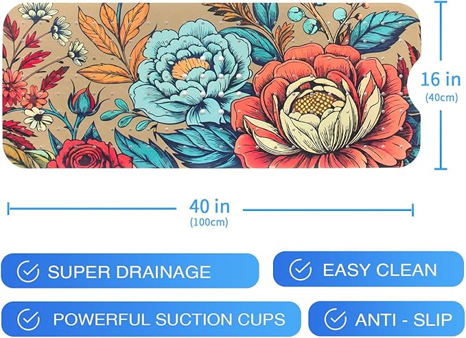 Bohemia Floral Bathtub Mat Non Slip for Kids 40x16in Extra Long Anti Slip Bath Mat for Tub Boho Flower Bath Shower Mat with Large Drain Holes and Suction Cups Vintage Plant Design Bathroom Decor