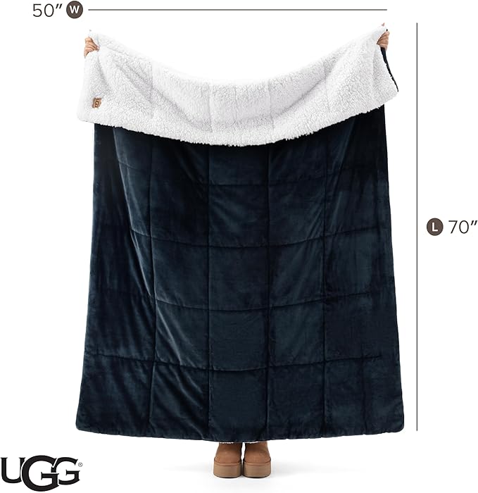 UGG Nita Throw Blanket Soft Reversible Plush Throw for Couch or Bed Washable Warm Fluffy Blanket for College Dorm Room Essentials and Bedding with Down Alternative Fill, 50-inch x 70-inch, Navy Blue