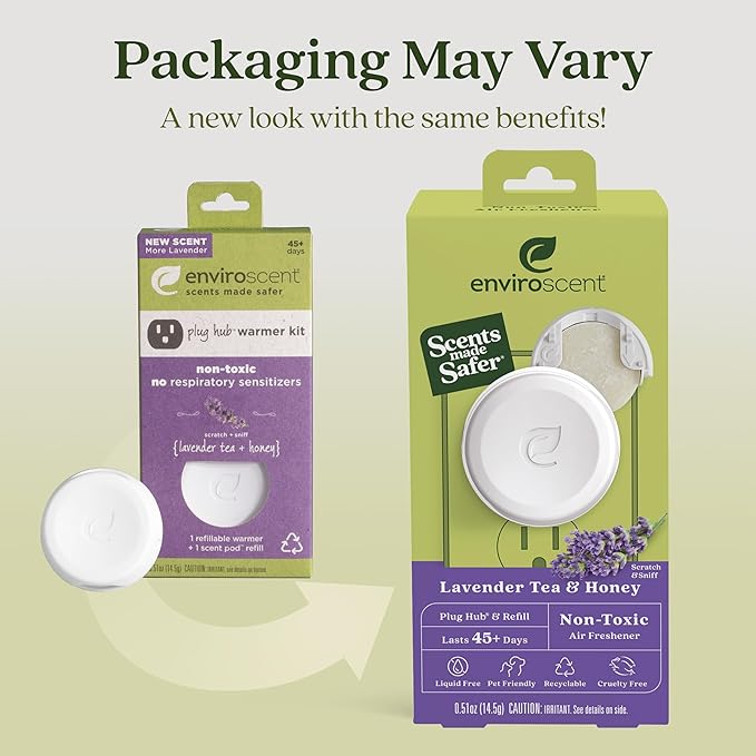 Enviroscent Non Toxic Air Freshener (Lavender Tea & Honey) Plug-in Home Fragrance Last 45+ Days | Kit includes 1 Refillable Plug In Warmer & 1 Scent Refill