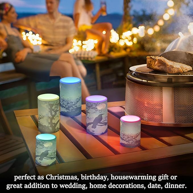 ALAZA Halloween Crow Night Flickering Flameless Candles Battery Operated with Remote Timer,Tea Light Candles LED Pillar Votive Candles Set of 2 for Outdoor Indoor Decorations