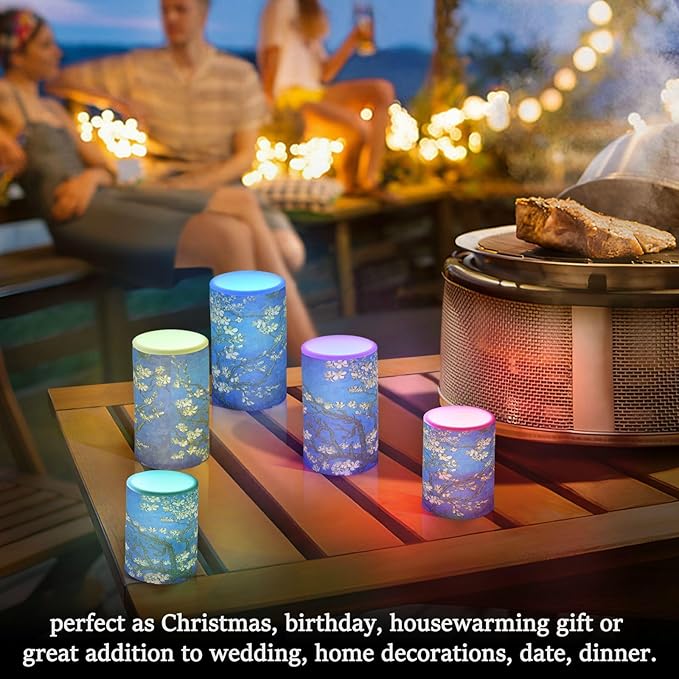 Van Gogh Almond Blossom Flickering Flameless Candles Battery Operated with Remote Timer,Tea Light Candles LED Pillar Votive Candles Set of 2 for Outdoor Indoor Decorations