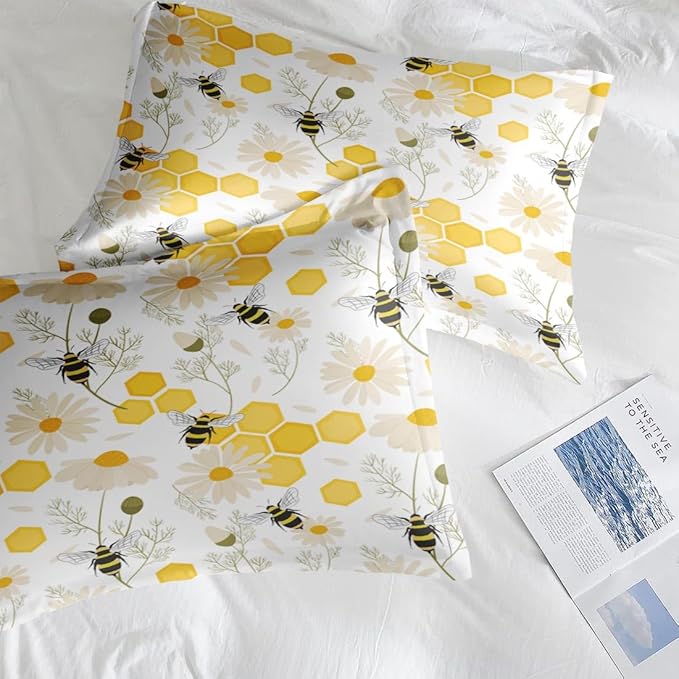 Comforter Set Full Size, Bees Honey Flower 7 Pcs Bedding for Kids and Adults, Spring Floral Summer Bed Sheet Sets with Fitted Sheet 2 Pillowcases & 2 Shams for Bedroom Bed Decor