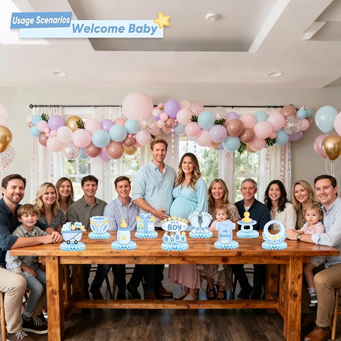 9Pcs Baby Shower Decorations Honeycomb Centerpieces for Boy, Cute Pattern It's a Boy Gender Reveal Table Centerpiece, Gender Reveal Party Supplies (Blue)