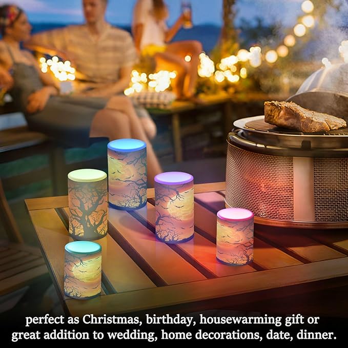 ALAZA Halloween Moon Tree Bat Flickering Flameless Candles Battery Operated with Remote Timer,Tea Light Candles LED Pillar Votive Candles Set of 2 for Outdoor Indoor Decorations